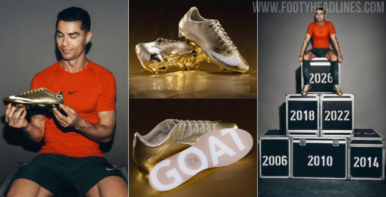 Nike ra mắt giày thửa Mercurial Superfly RGN CR7 màu vàng kim tại World Cup 2026 - 